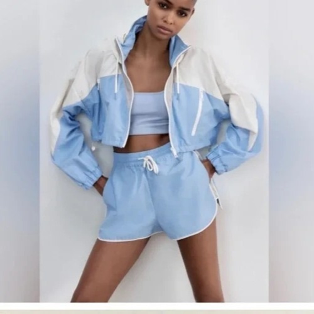 Zara Cropped Rain‎ Jacket Full Zip Womens Size XS Color block Blue White